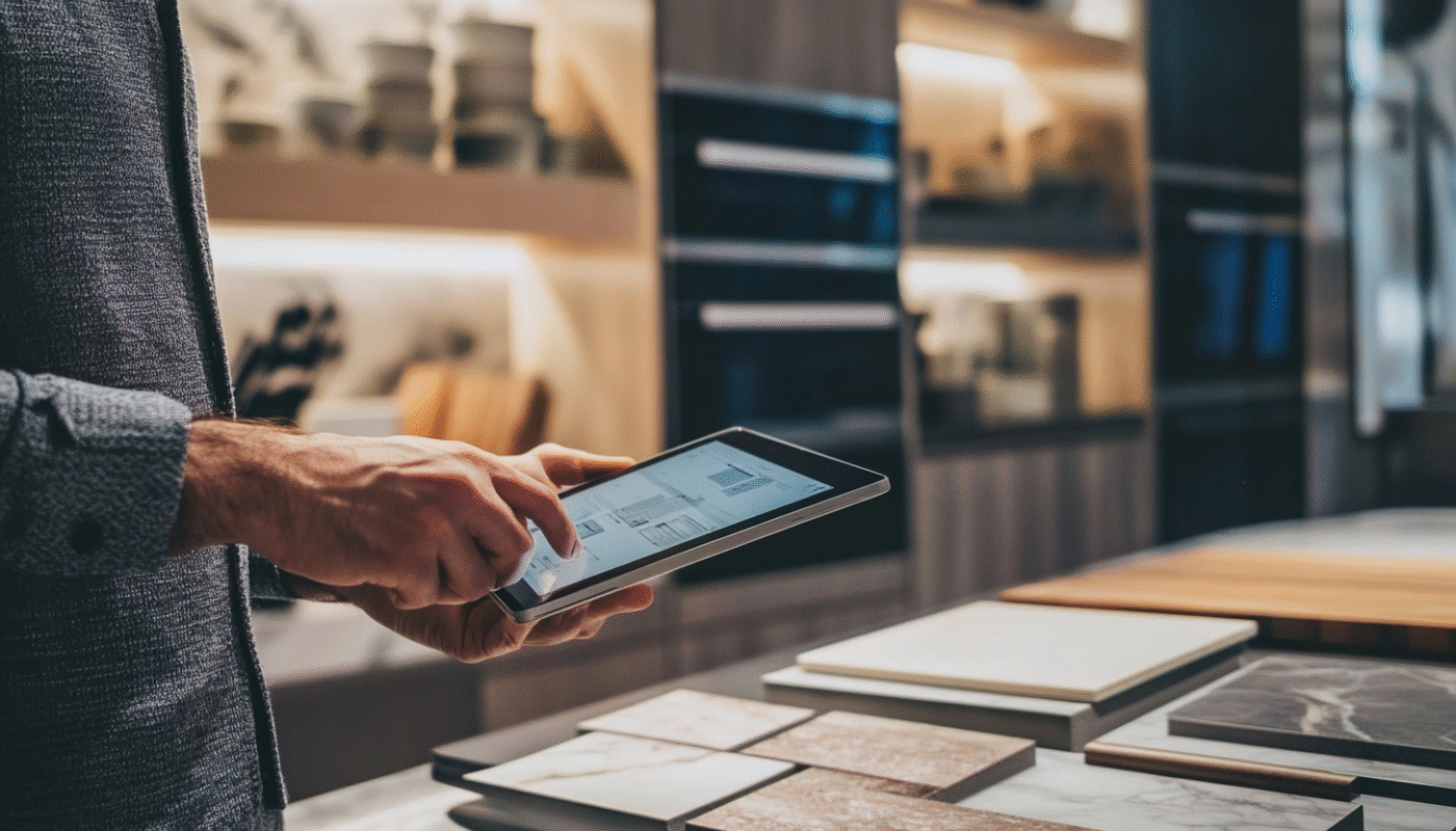 Man checking bespoke kitchen cost on tablet in modern kitchen setting