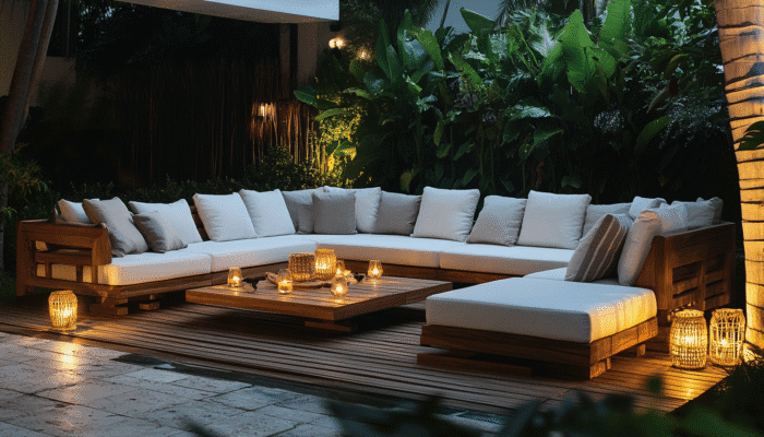 Outdoor rattan furniture set in a garden with lanterns and plants.
