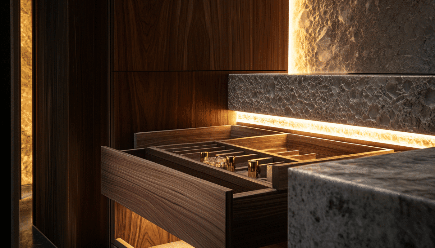 Modern bespoke joinery drawer with wood grain and soft ambient lighting