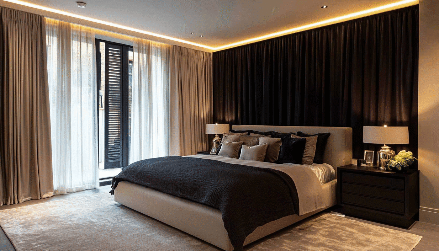 Bedroom with black foil curtains, cream accents, and black bedspread.