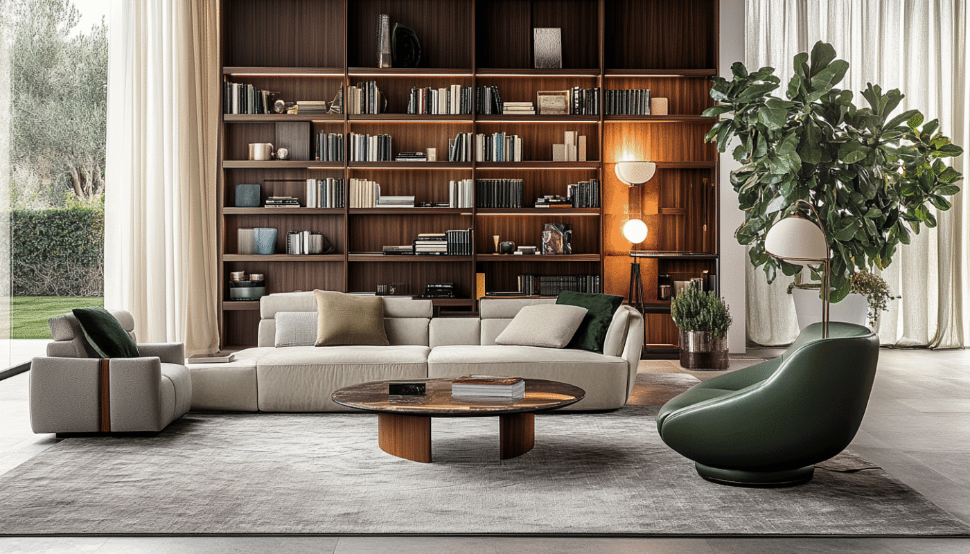 Contemporary living room with beige sofa, green chair, wooden table, and built-in bookshelf.