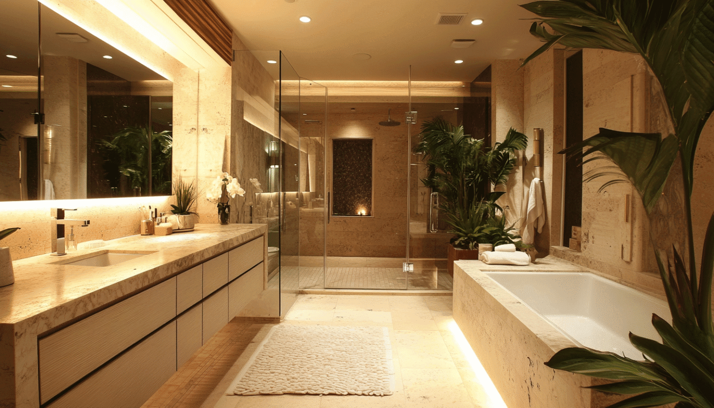 Modern luxury bathroom with ambient lighting showing villa renovation work.