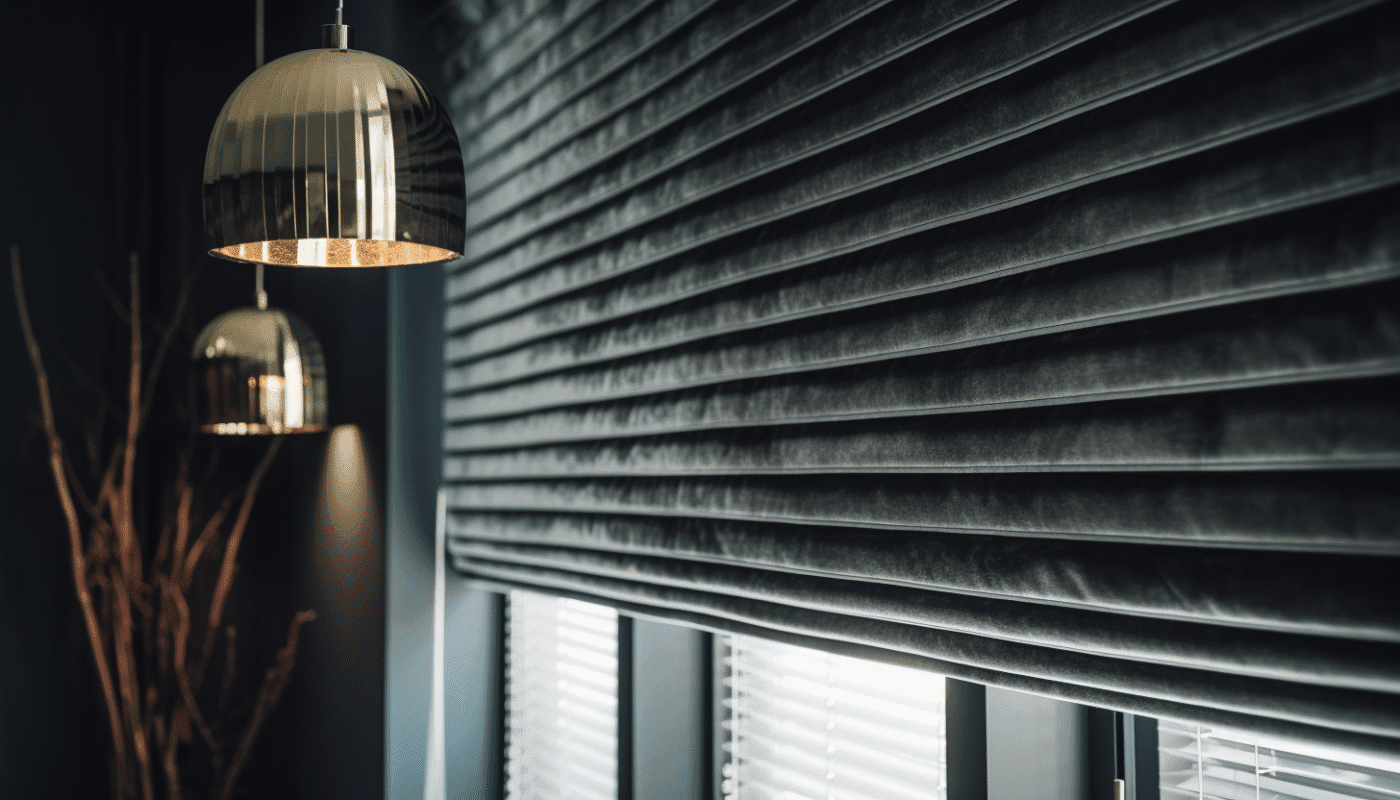 Black velvet pleated roller blind with gold lighting in stylish Dubai room