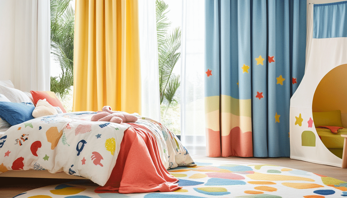 Bright kids room with colorful curtains and playful decor kids room curtains