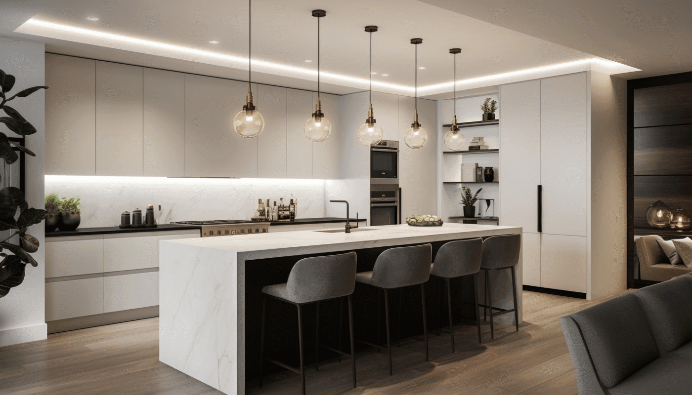 Modern kitchen interior design with marble island and pendant lighting