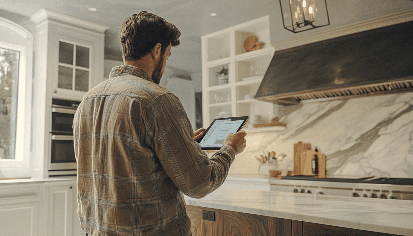 Man planning kitchen remodel with tablet by marble island