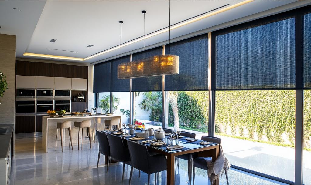 Blackout window curtains in dining area