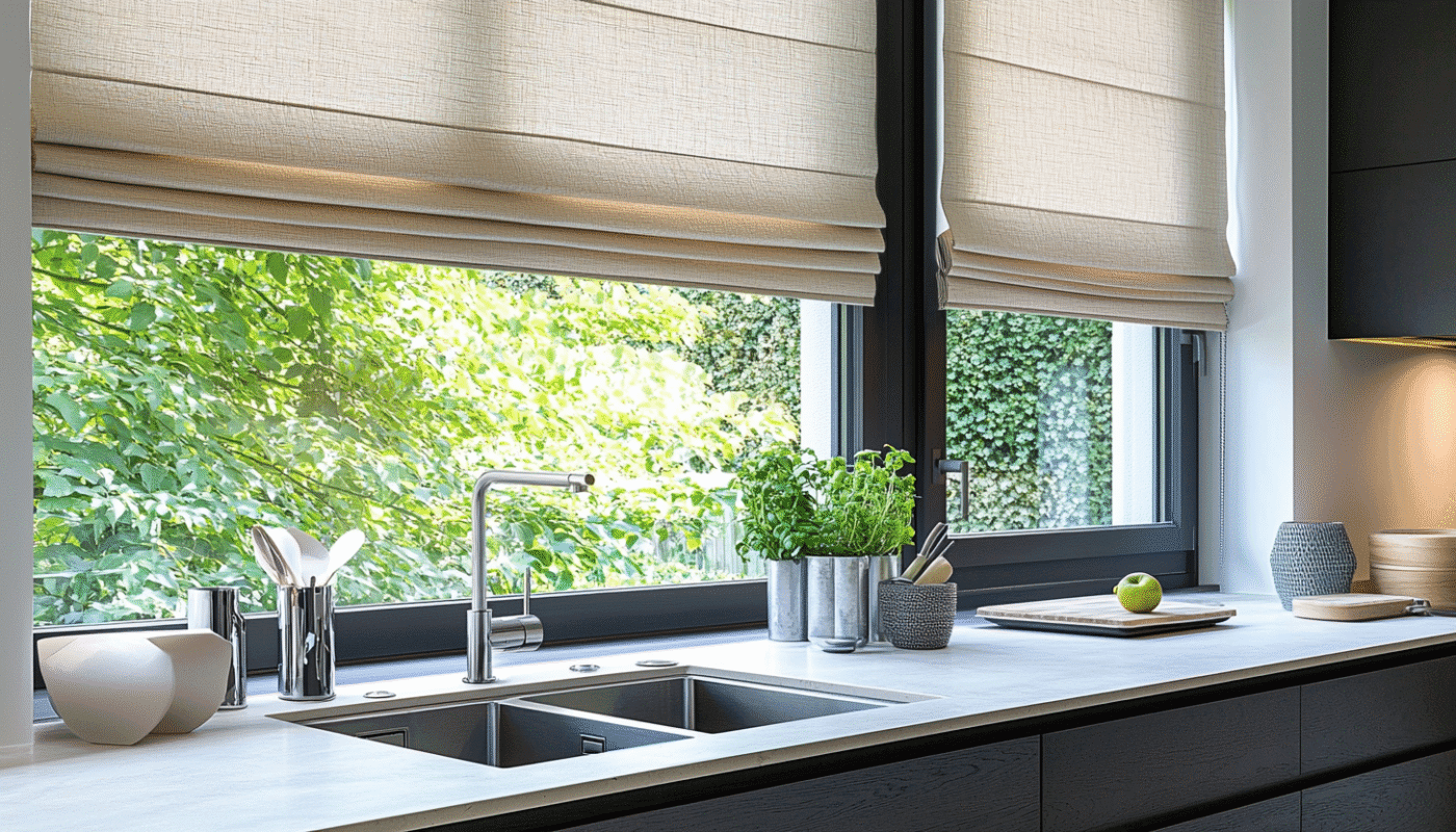 Kitchen window with simple light curtains kitchen curtain style