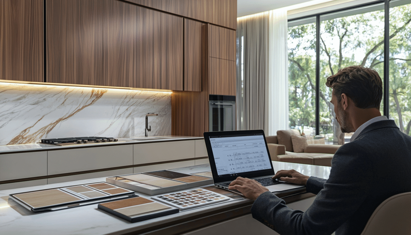 Modern kitchen remodel with wood cabinets and marble backsplash for a complete upgrade.