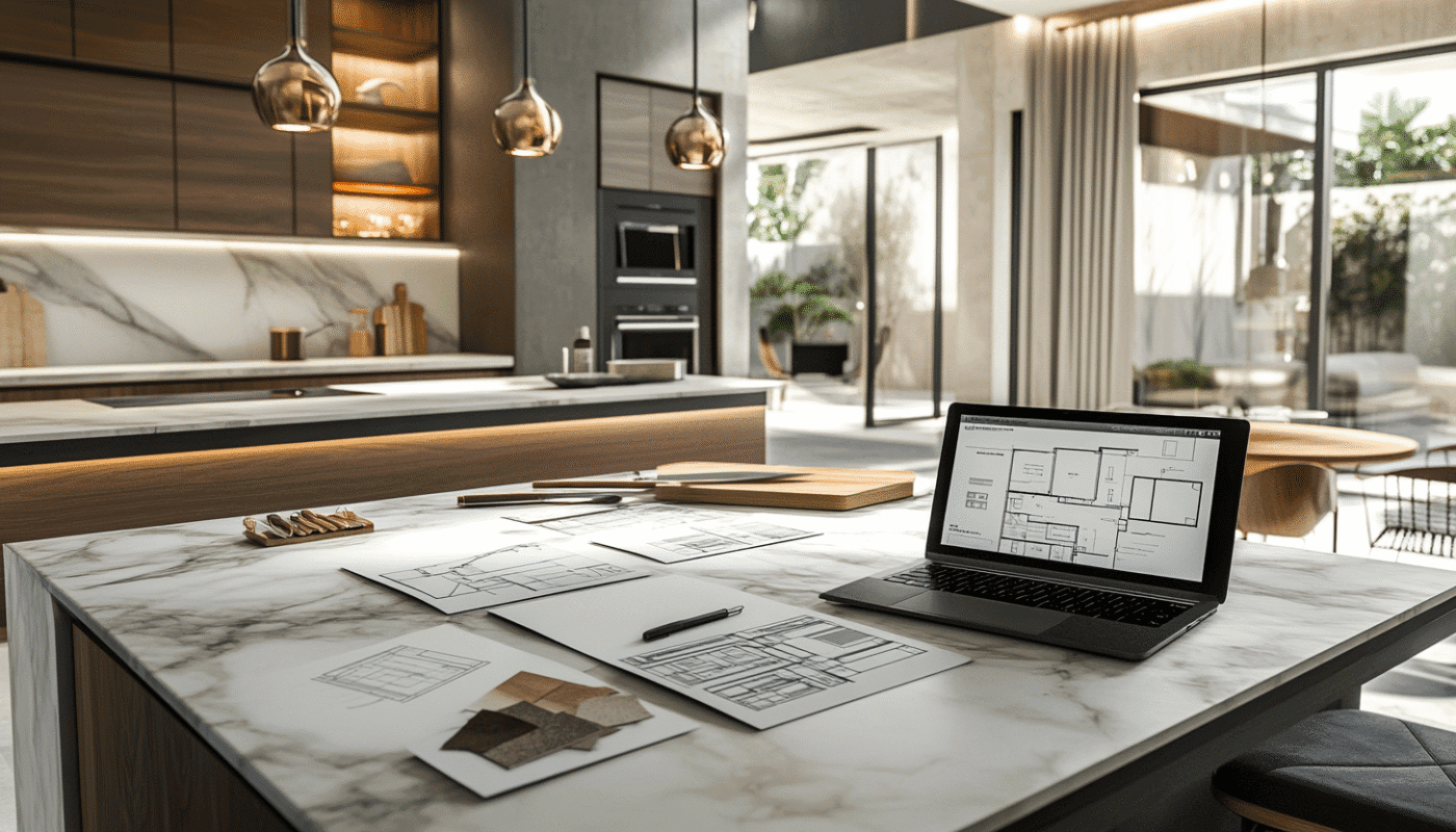 Elegant kitchen remodel with dark marble island, wood cabinetry, and pendant lighting