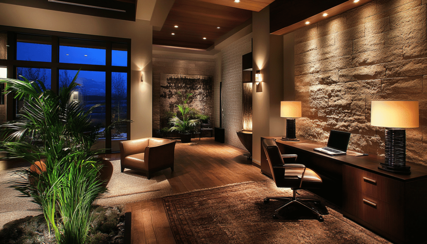 Cozy office with warm lights and textured walls home decor themes