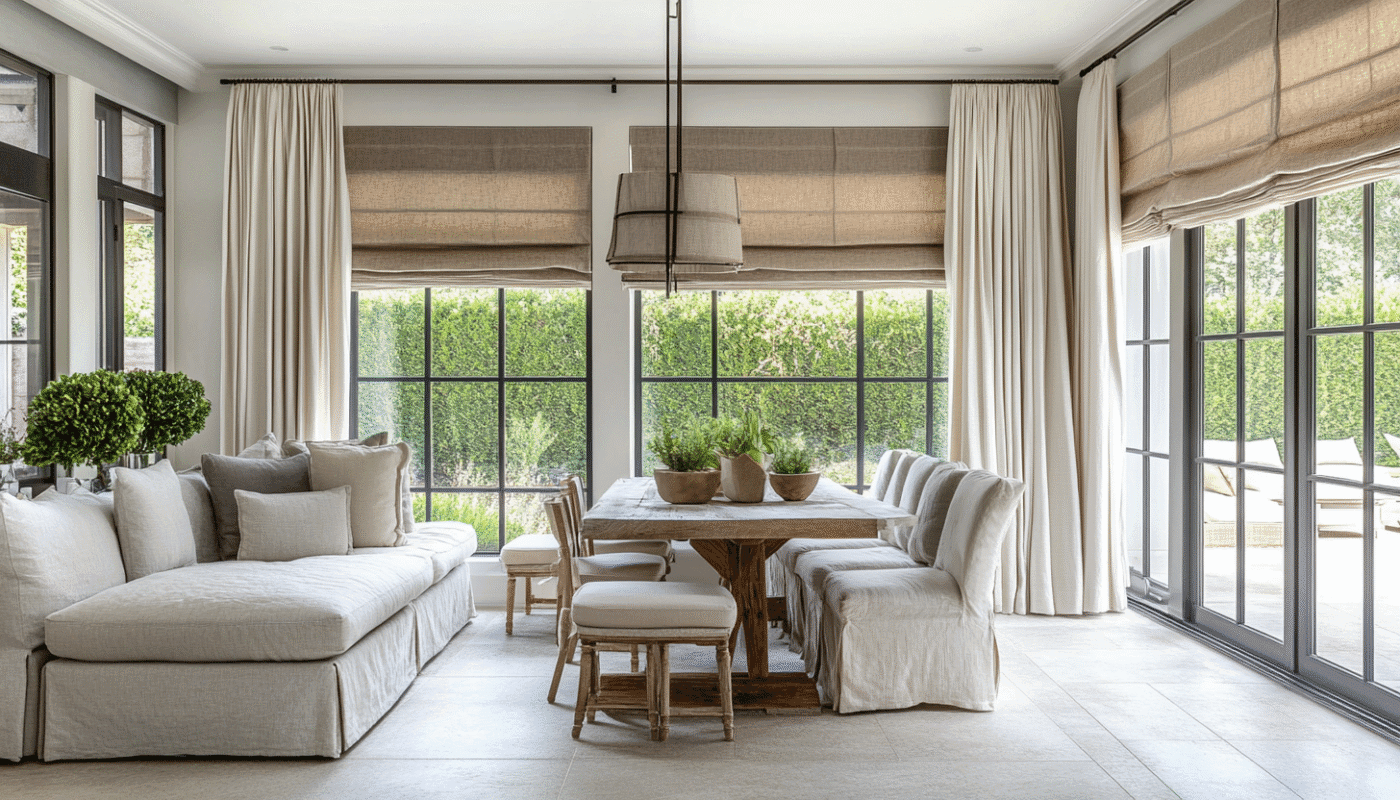 Linen luxury drapes with natural texture and elegant soft folds.