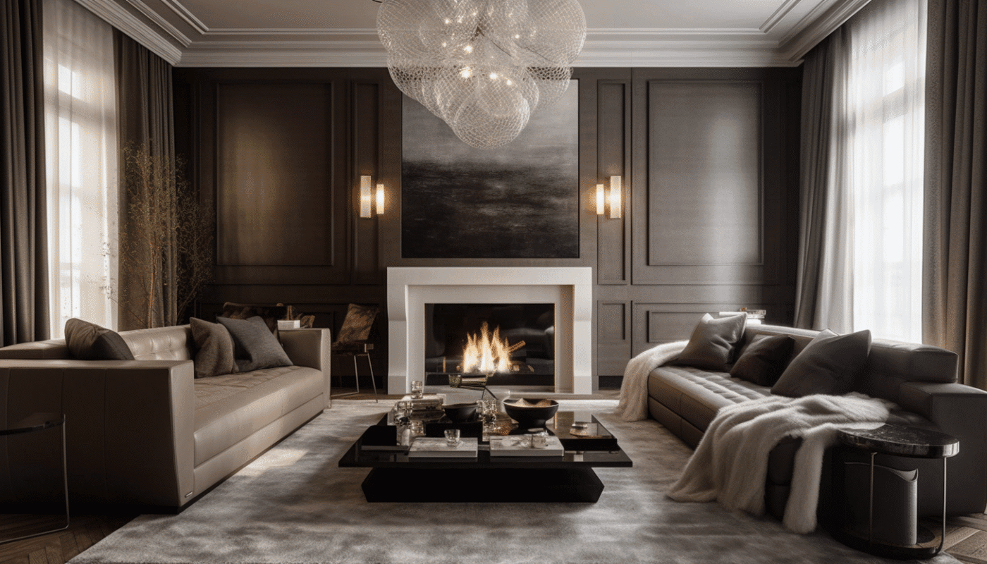 Modern living room interior design with beige sofa and wooden flooring