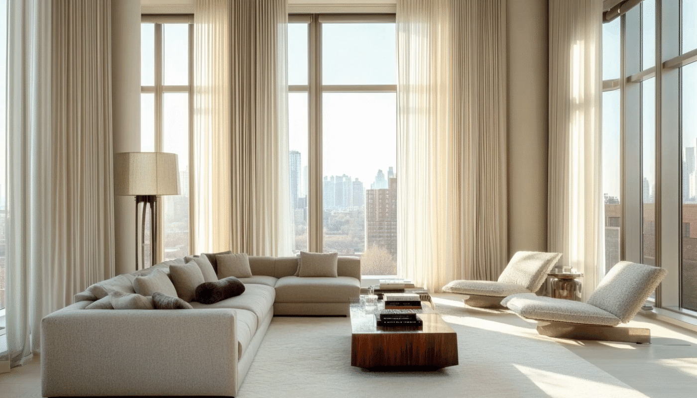 Spacious living room with large windows and sheer curtains living room curtains