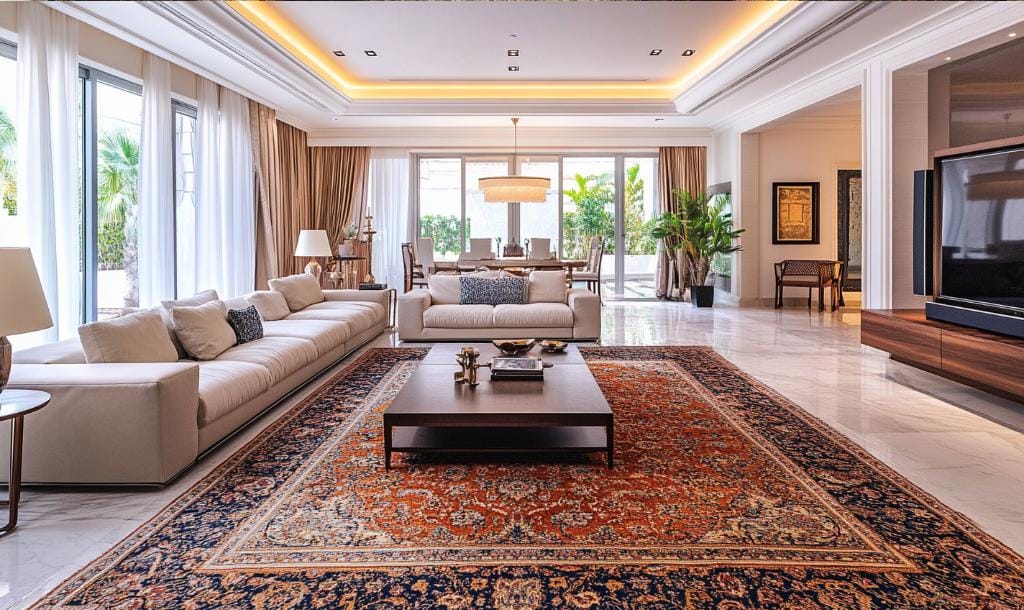 modern living room with persian rug