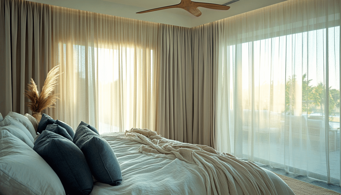 Designer window curtains Dubai enhancing modern villa bedrooms