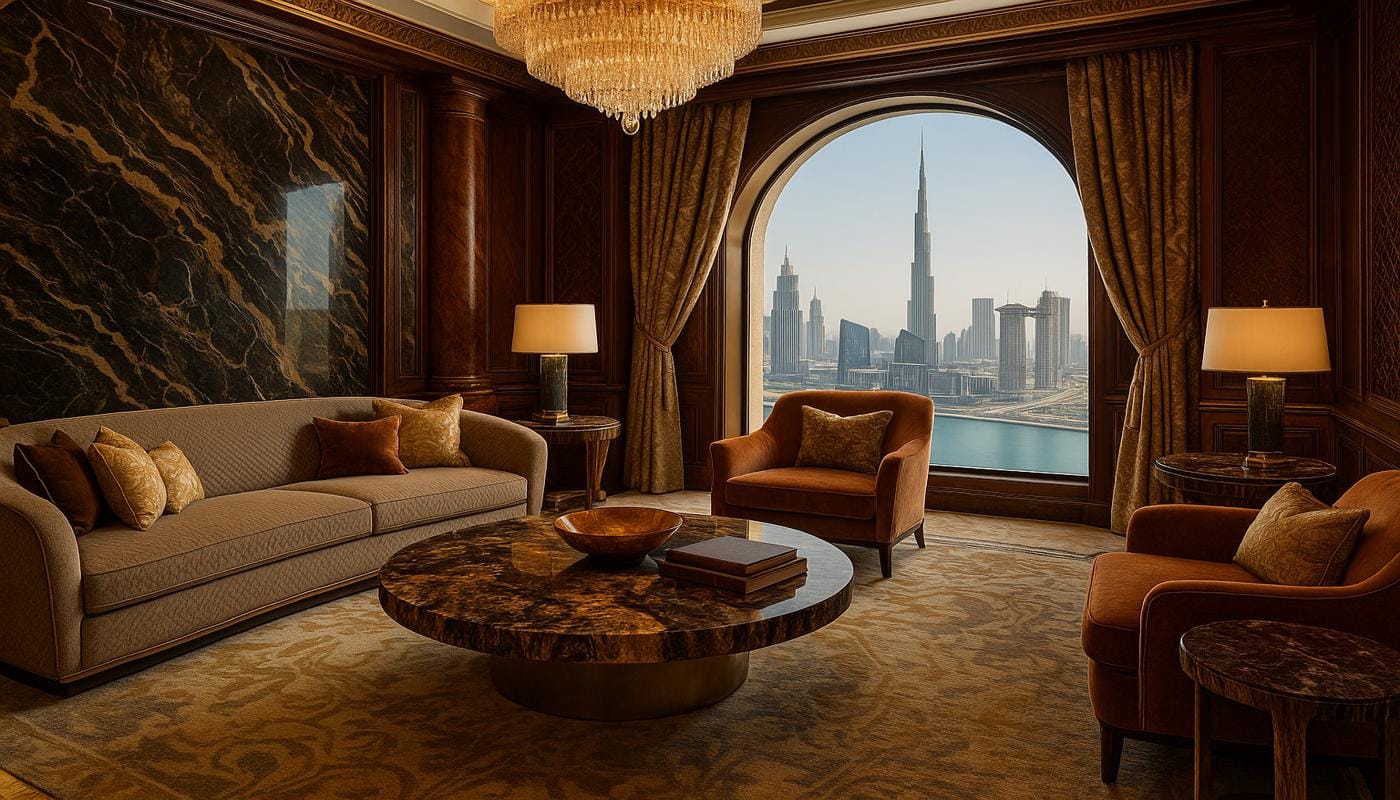 Luxury interior design in Dubai with a sofa, marble table, and city skyline view.