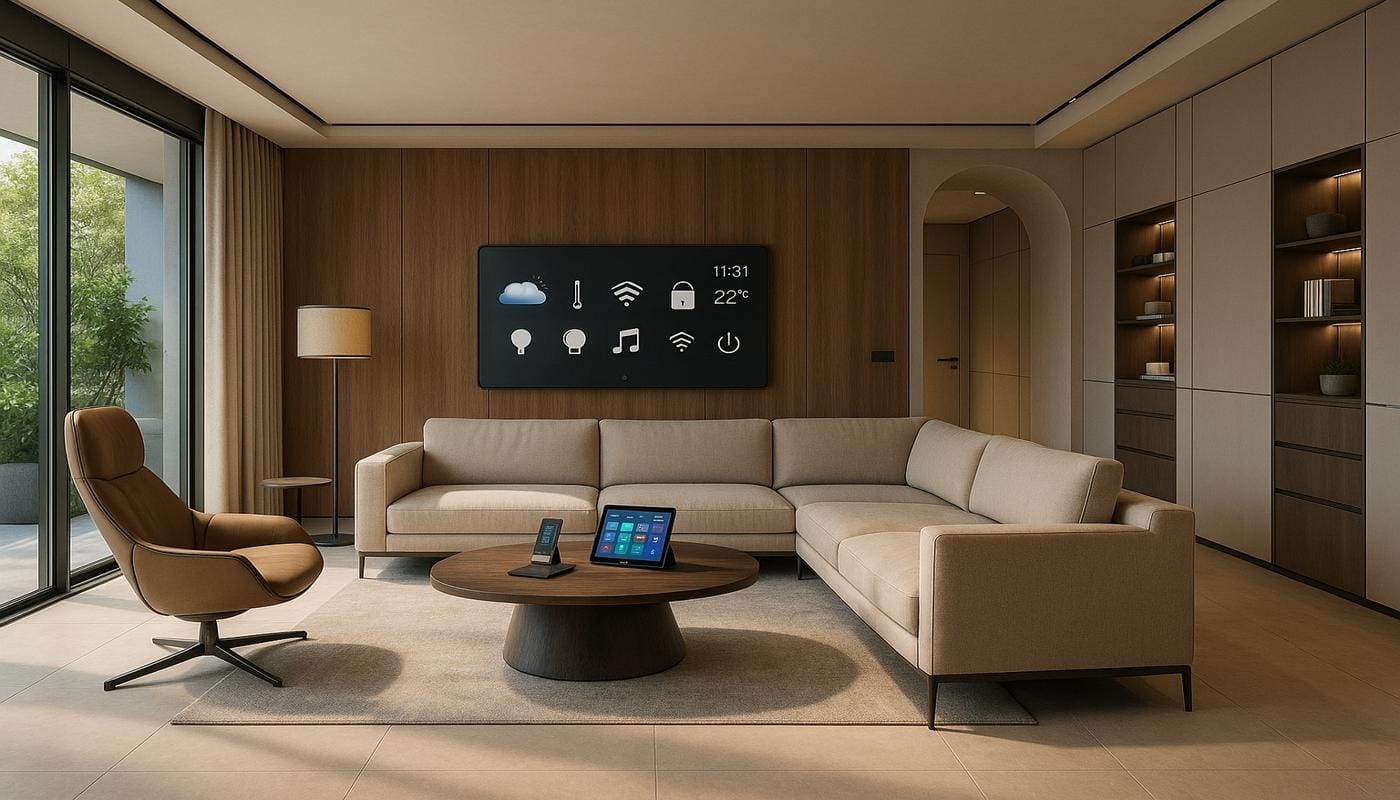 Luxury living room with beige sofa, smart devices, and a touchscreen panel.
