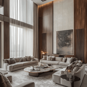 Luxury villa living room with beige sofas, marble table, and wood panel walls.