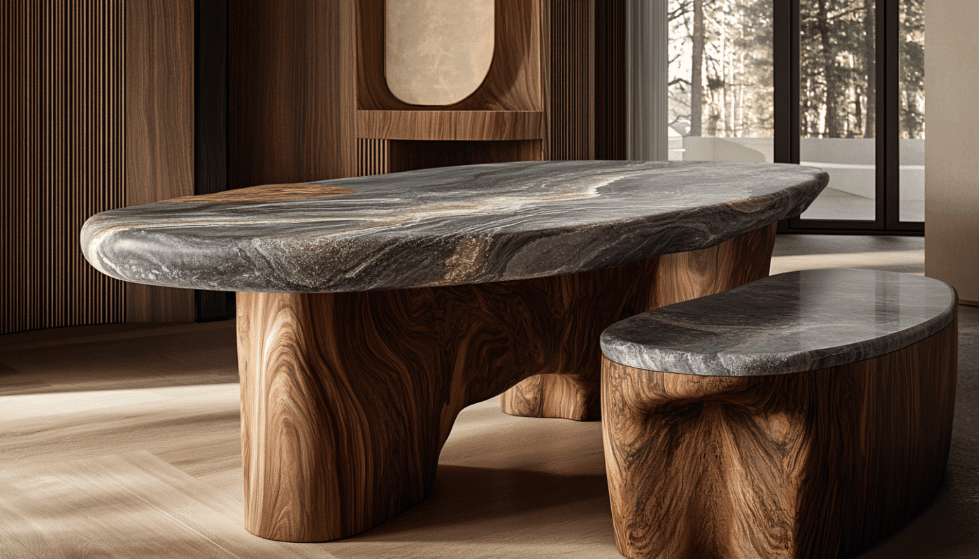 Luxury furniture with a stone and wood table design in a modern living room.