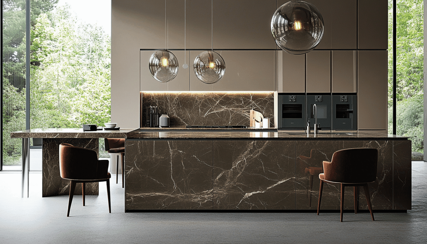 Premium kitchen remodel featuring dark marble island, open shelving, and modern lighting