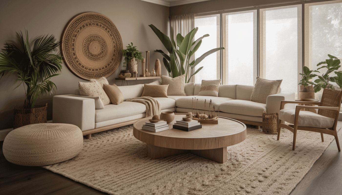 Jute and sisal rugs blending textures under neutral furniture and plants