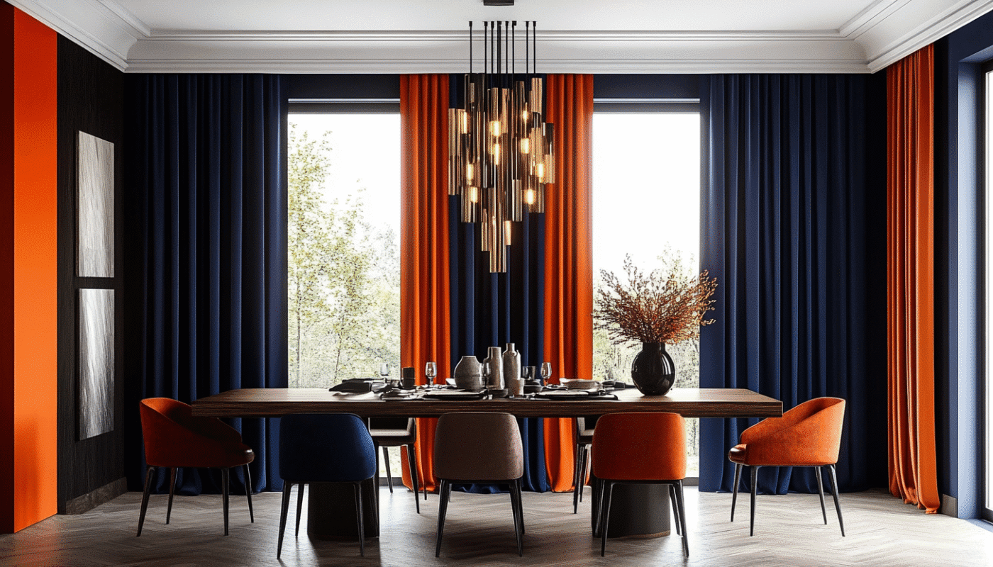 Modern curtain colours in teal, dark green, and neutral tones.