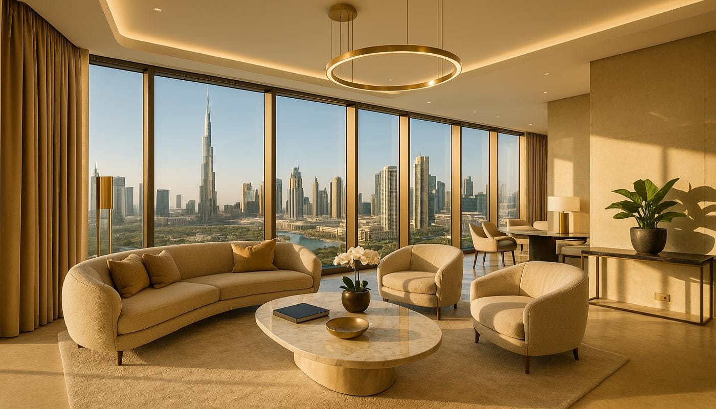 Luxury interior design in Dubai with elegant furniture and stunning city views.