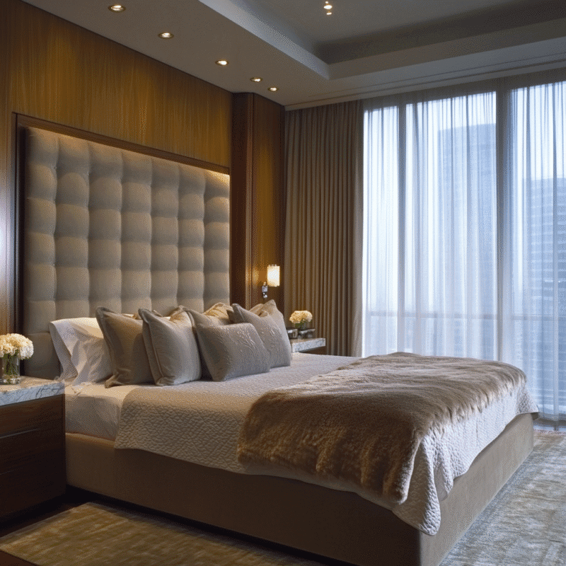 Luxurious modern interiors with plush bed and soft neutral tones in a high-end bedroom.