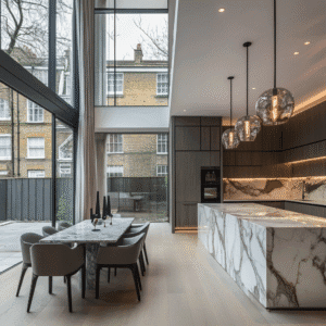 Luxury open plan kitchen with marble island and dining table in Dubai.