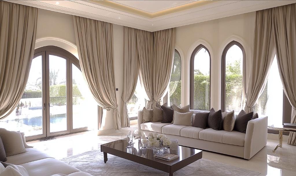 Neutral coloured wave curtains in living room