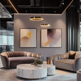uxury office and retail fit outs with marble reception and modern seating in warm tones