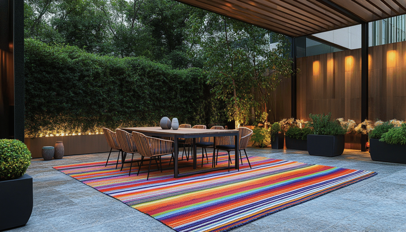 Colorful striped designer outdoor rug under a modern dining table in Dubai-style patio