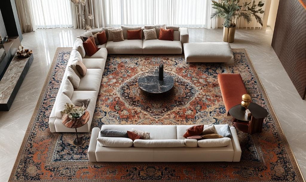 modern living room with persian rug with patterns