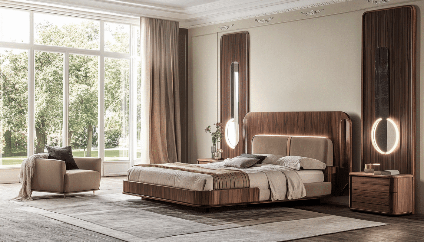 Modern wood bedroom furniture set with lighting and side tables in a Dubai home interior.