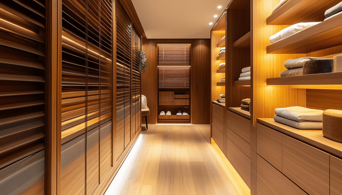 Bespoke joinery in a luxury wooden wardrobe with shelves and integrated lighting.