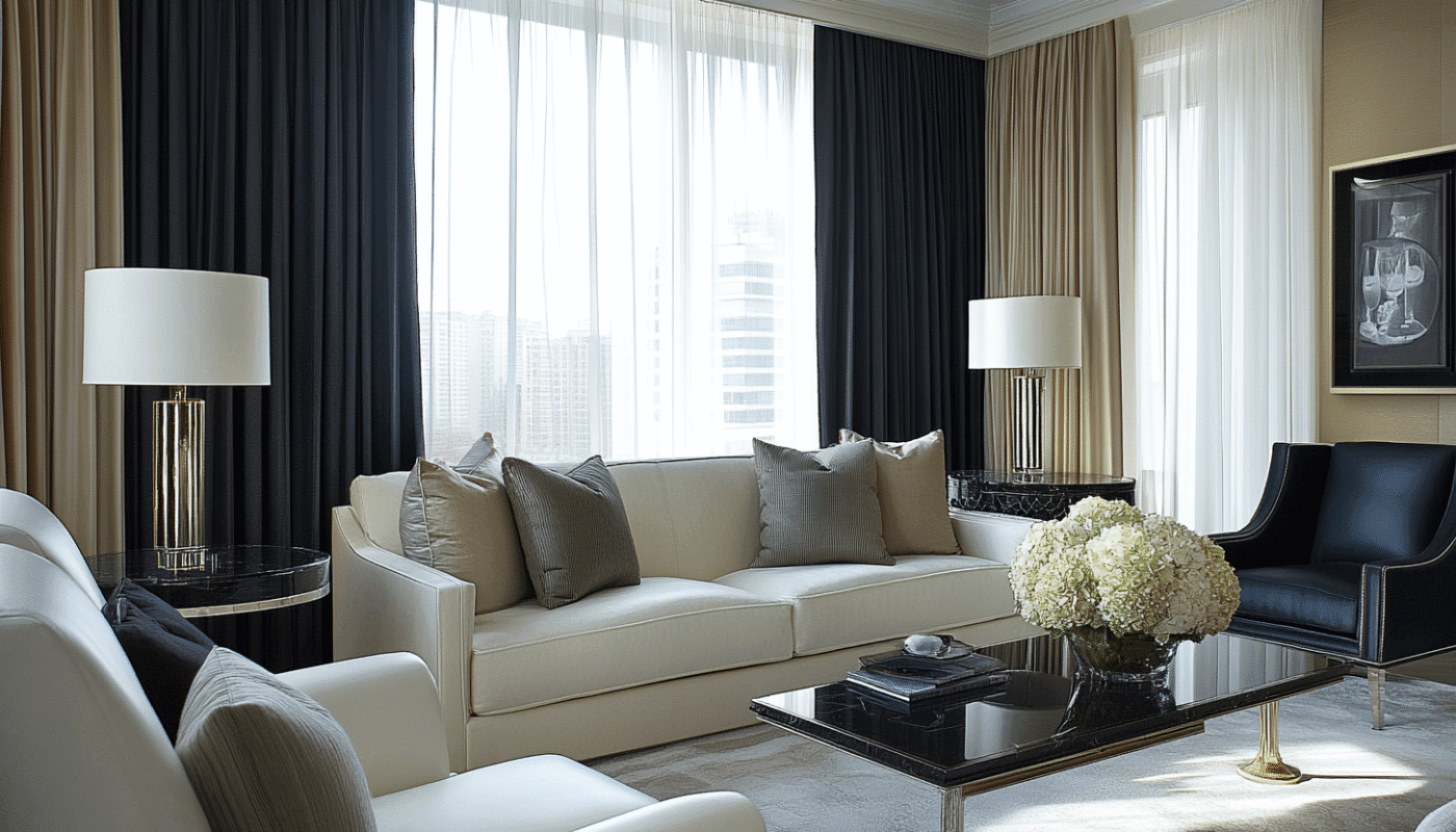 Modern living room with black foil curtains paired with cream and white drapes