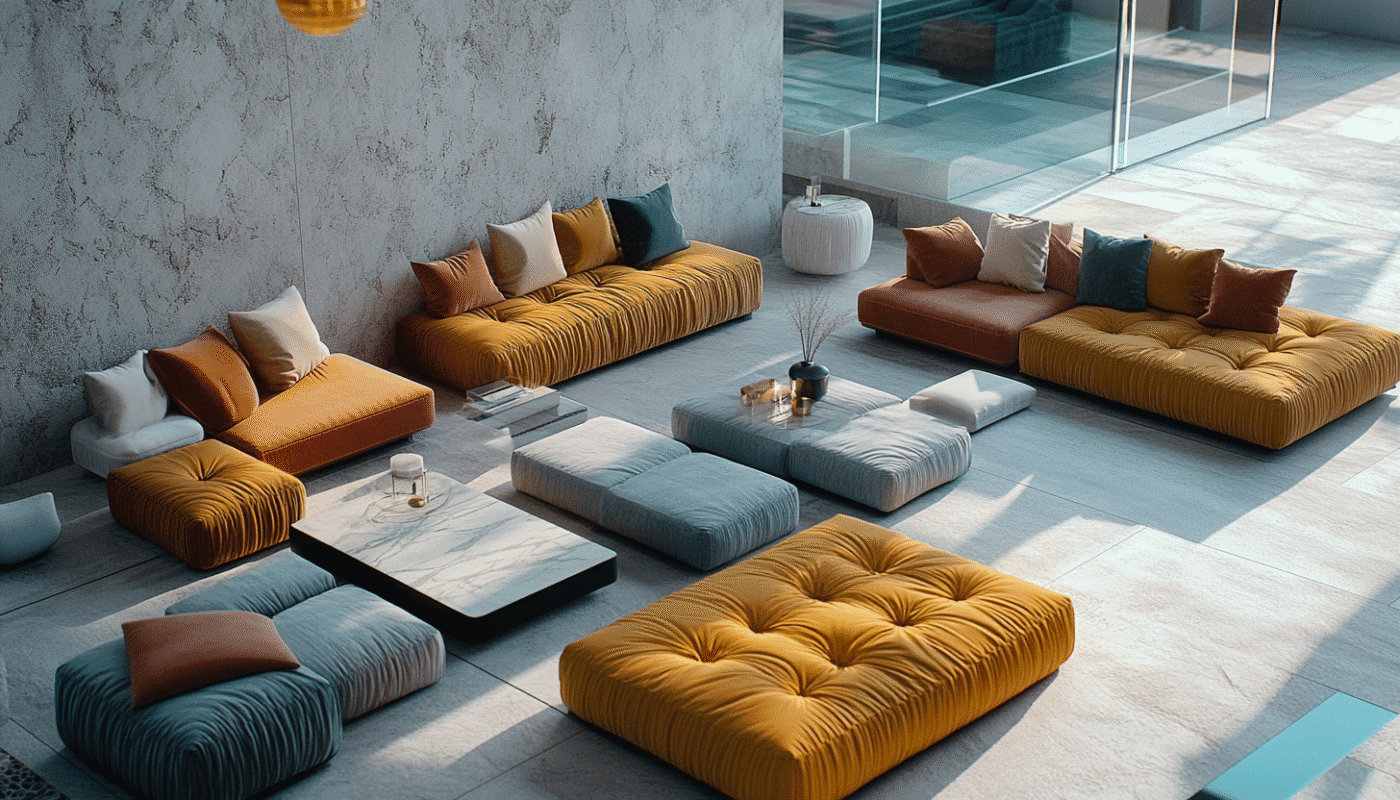Modern luxury furniture with colorful cushions in Dubai living room.