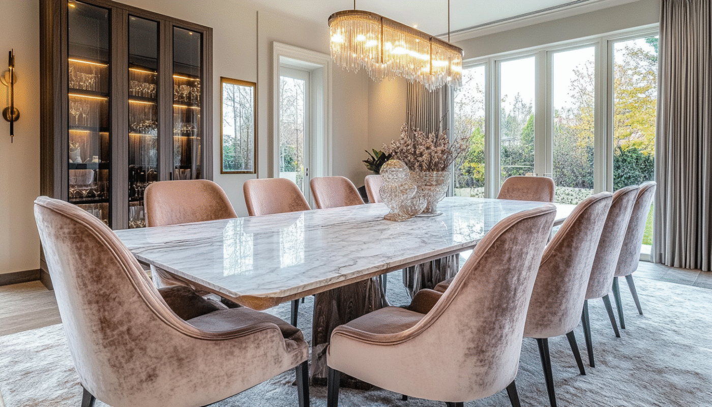 Crepe fabric dining chairs with linen fabric curtains around marble table