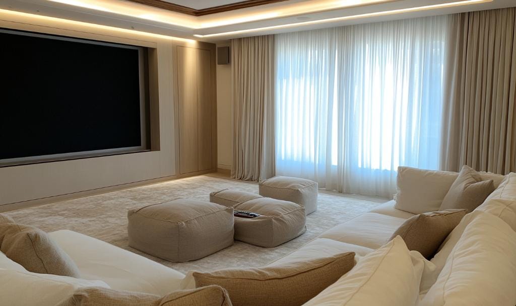 Latest white blackout curtains in media room