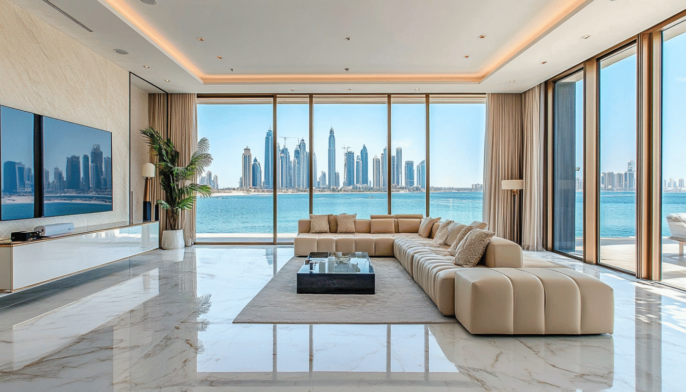 Modern villa living room with sea view for home renovation Dubai.