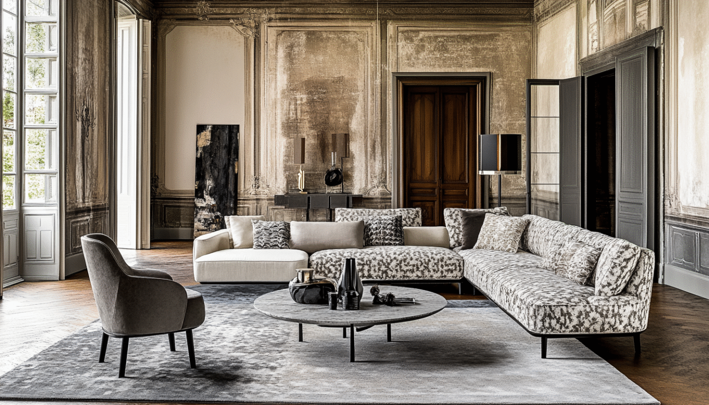Patterned woven fabric corner sofa with soft polyester cushions in luxury living room