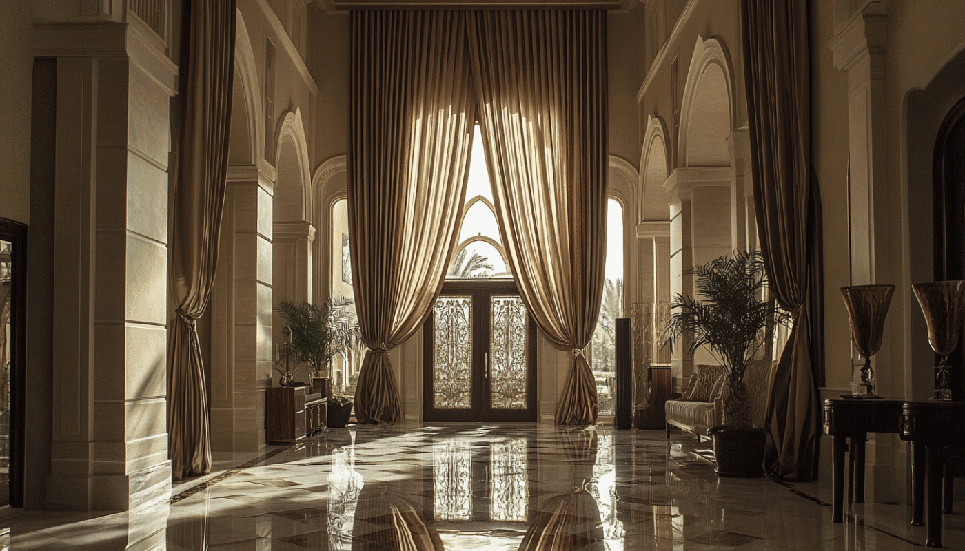 Timeless luxury silk curtains with classic pleats and soft sheen.