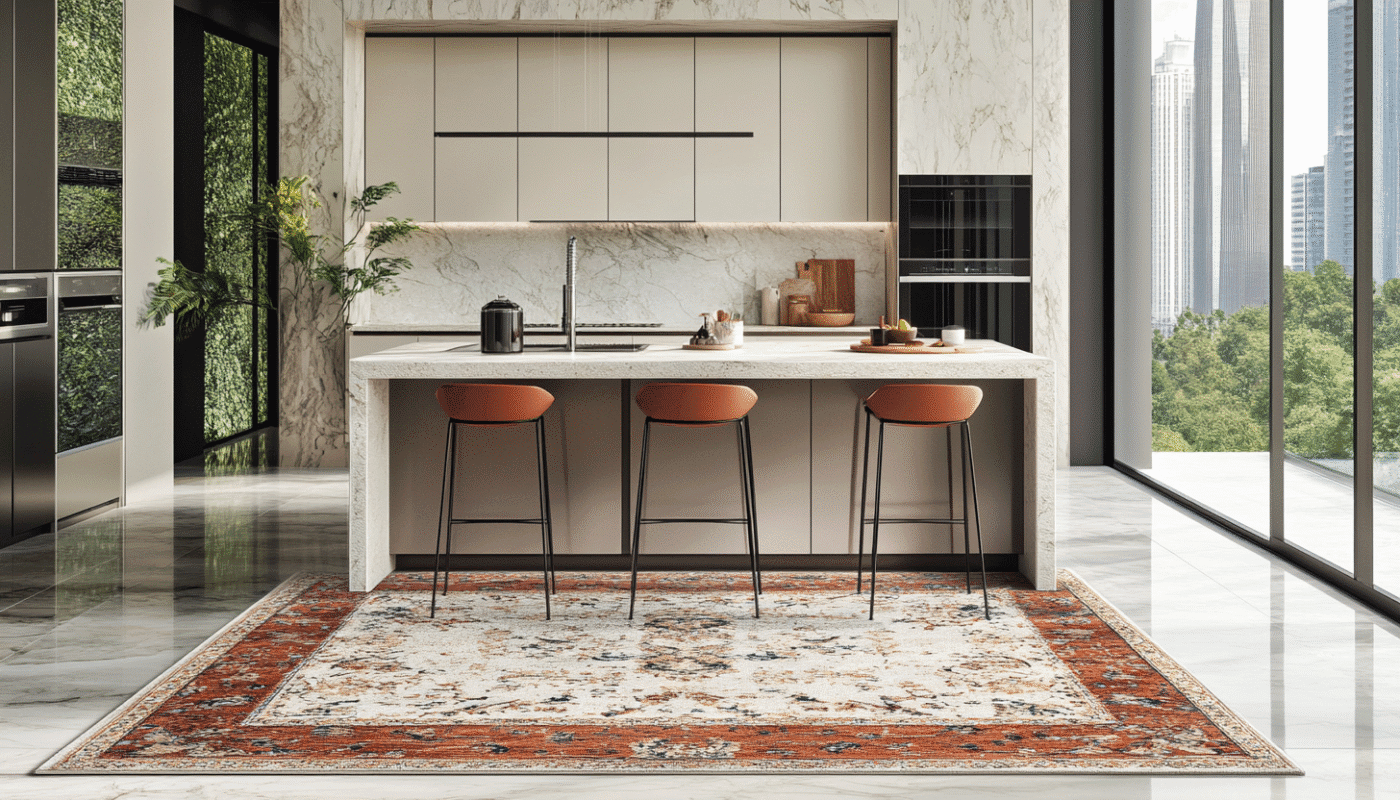Modern kitchen featuring designer rug in Dubai with orange stools and marble surfaces