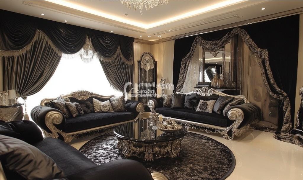 A luxury black curtains in a white room