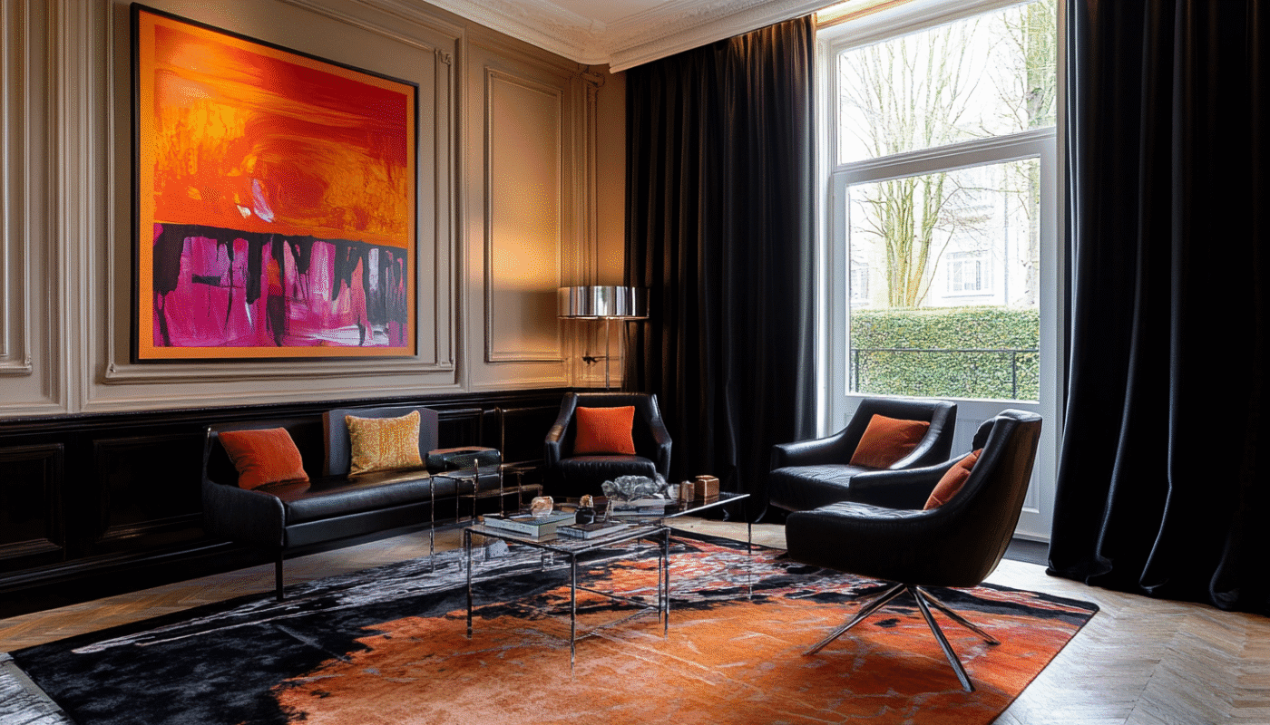 Modern living room with black curtains, orange artwork, and black leather seating.
