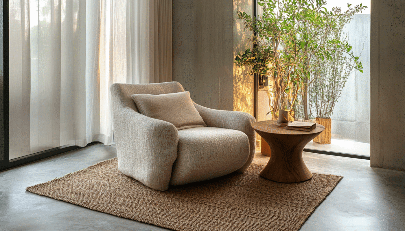 Modern designer rug in a Dubai living room with an armchair and coffee table."