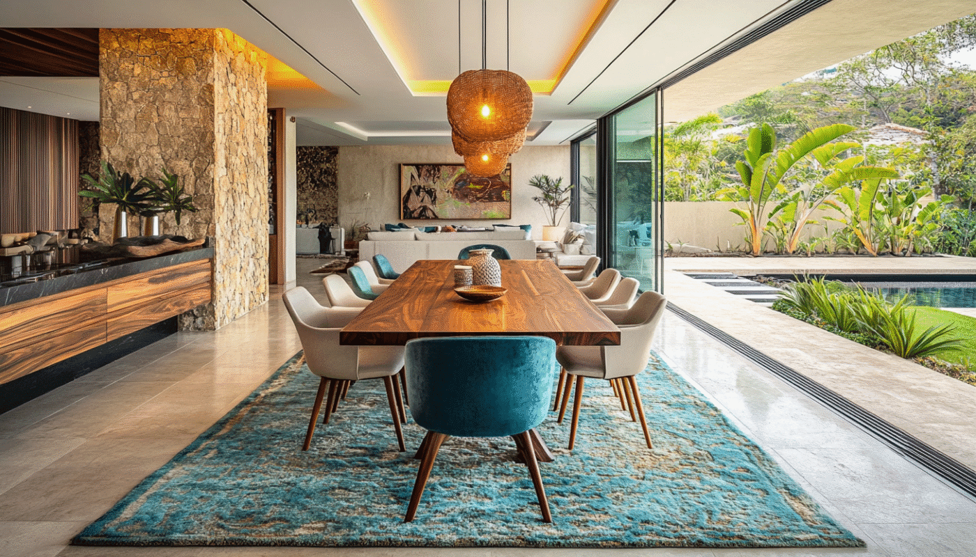 Modern dining area with walnut wood dining table, plush velvet chairs, and a turquoise rug.