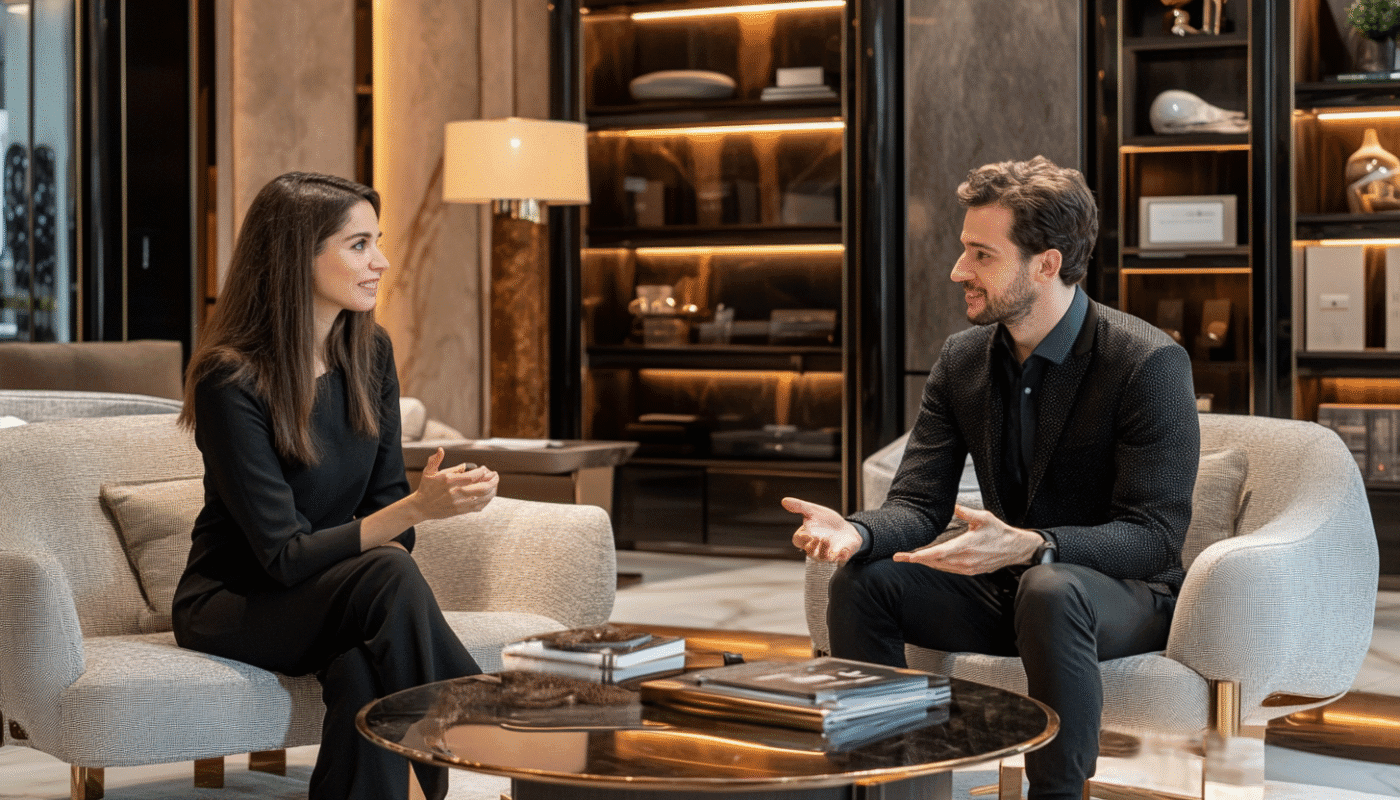 Luxury furniture in Dubai showroom with two people in elegant armchairs and a marble table.