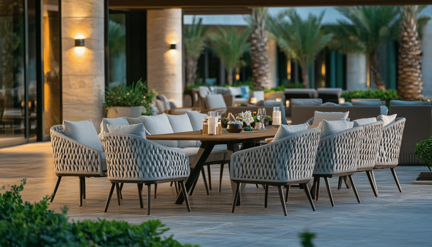 Outdoor furniture set in Abu Dhabi with elegant rattan chairs and luxury garden backdrop